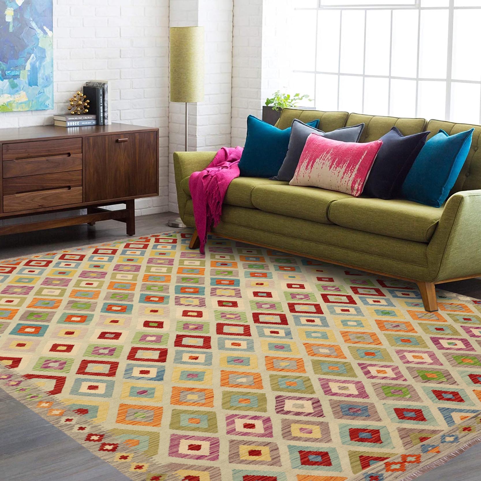 handmade Geometric Kilim Blue Gray Hand-Woven RECTANGLE 100% WOOL area rug 8 x 11