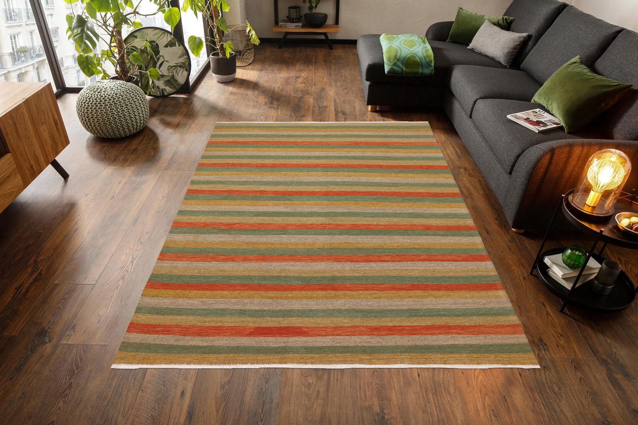 handmade Modern Kilim Rust Gold Hand-Woven RECTANGLE 100% WOOL area rug 8x10