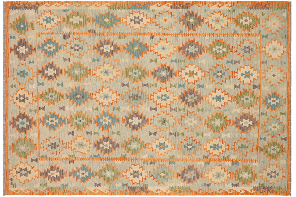 handmade Geometric Kilim Blue Gray Hand-Woven RECTANGLE 100% WOOL area rug 8 x 10