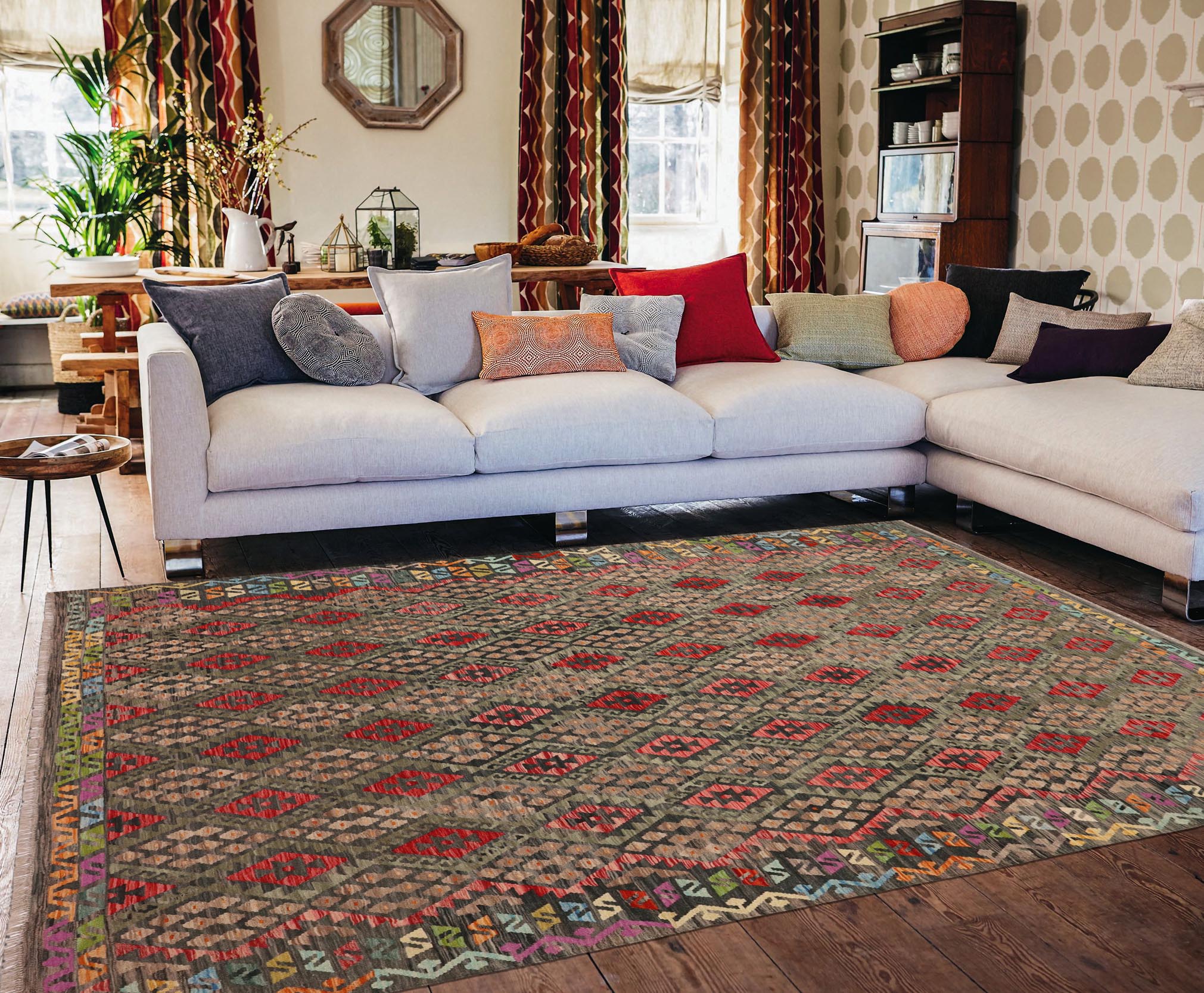 handmade Geometric Kilim Green Red Hand-Woven RECTANGLE 100% WOOL area rug 3 x 6