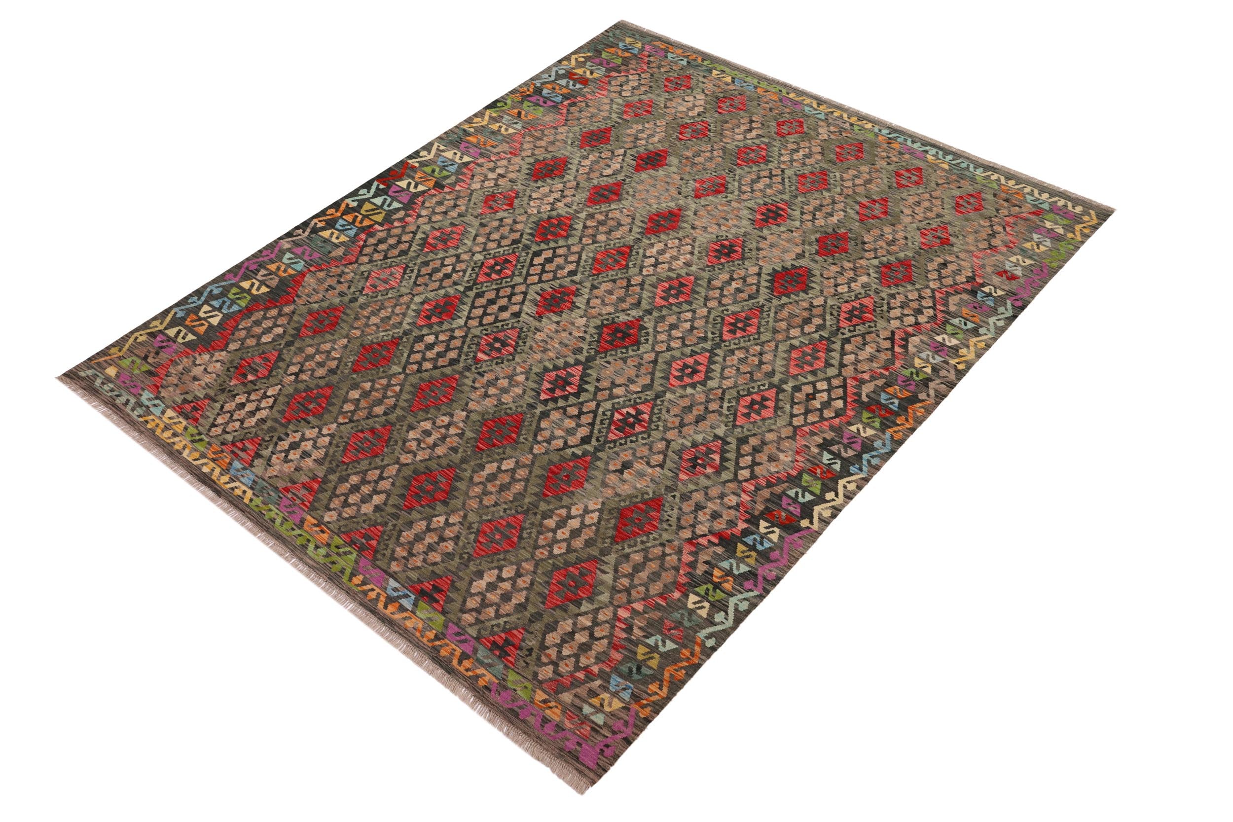 handmade Geometric Kilim Green Red Hand-Woven RECTANGLE 100% WOOL area rug 3 x 6