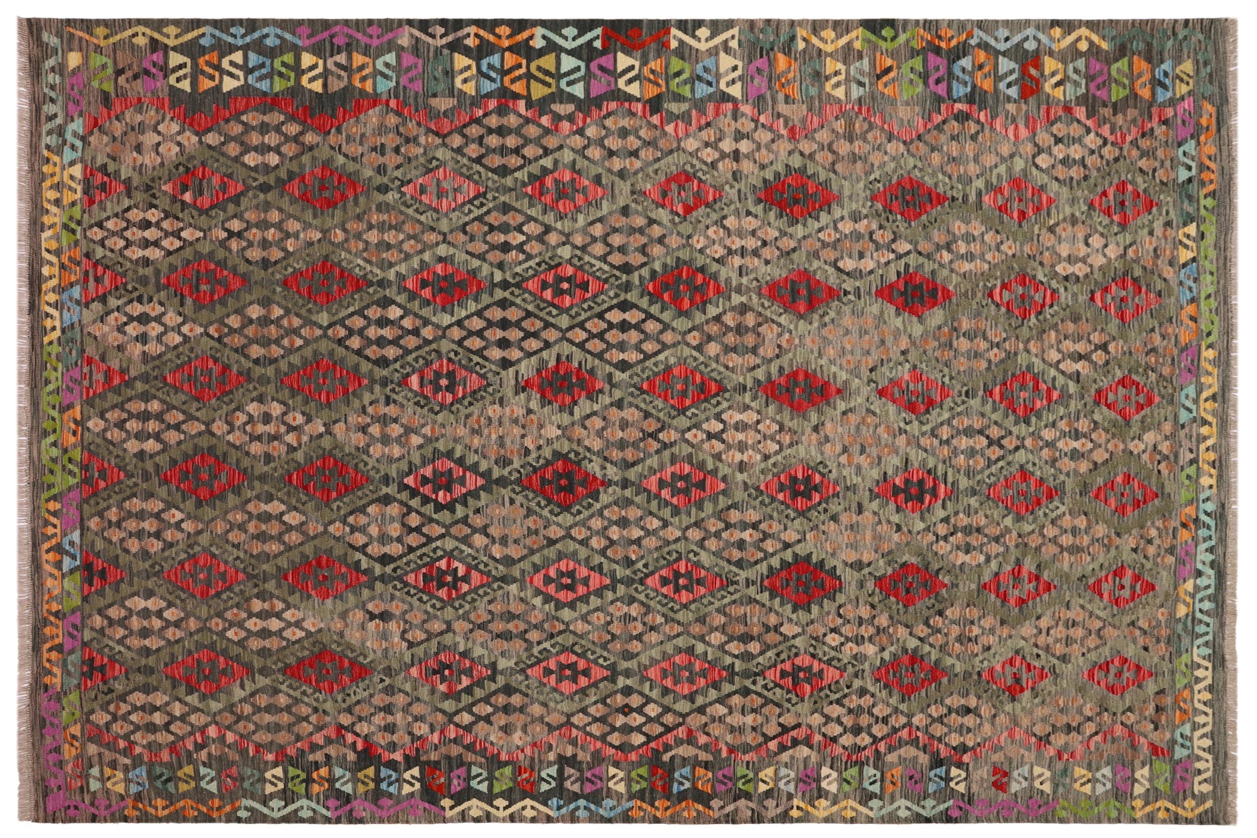 handmade Geometric Kilim Green Red Hand-Woven RECTANGLE 100% WOOL area rug 3 x 6
