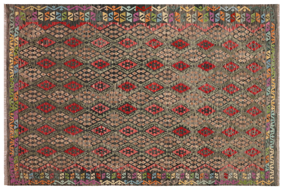 handmade Geometric Kilim Green Red Hand-Woven RECTANGLE 100% WOOL area rug 3 x 6