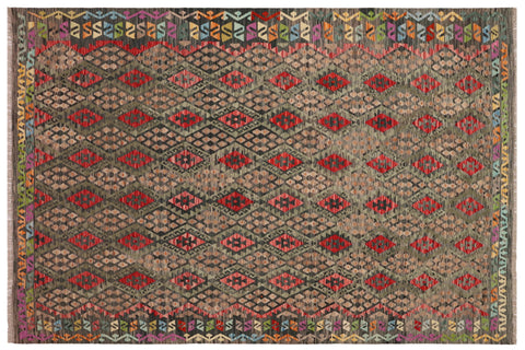 handmade Geometric Kilim Green Red Hand-Woven RECTANGLE 100% WOOL area rug 3 x 6