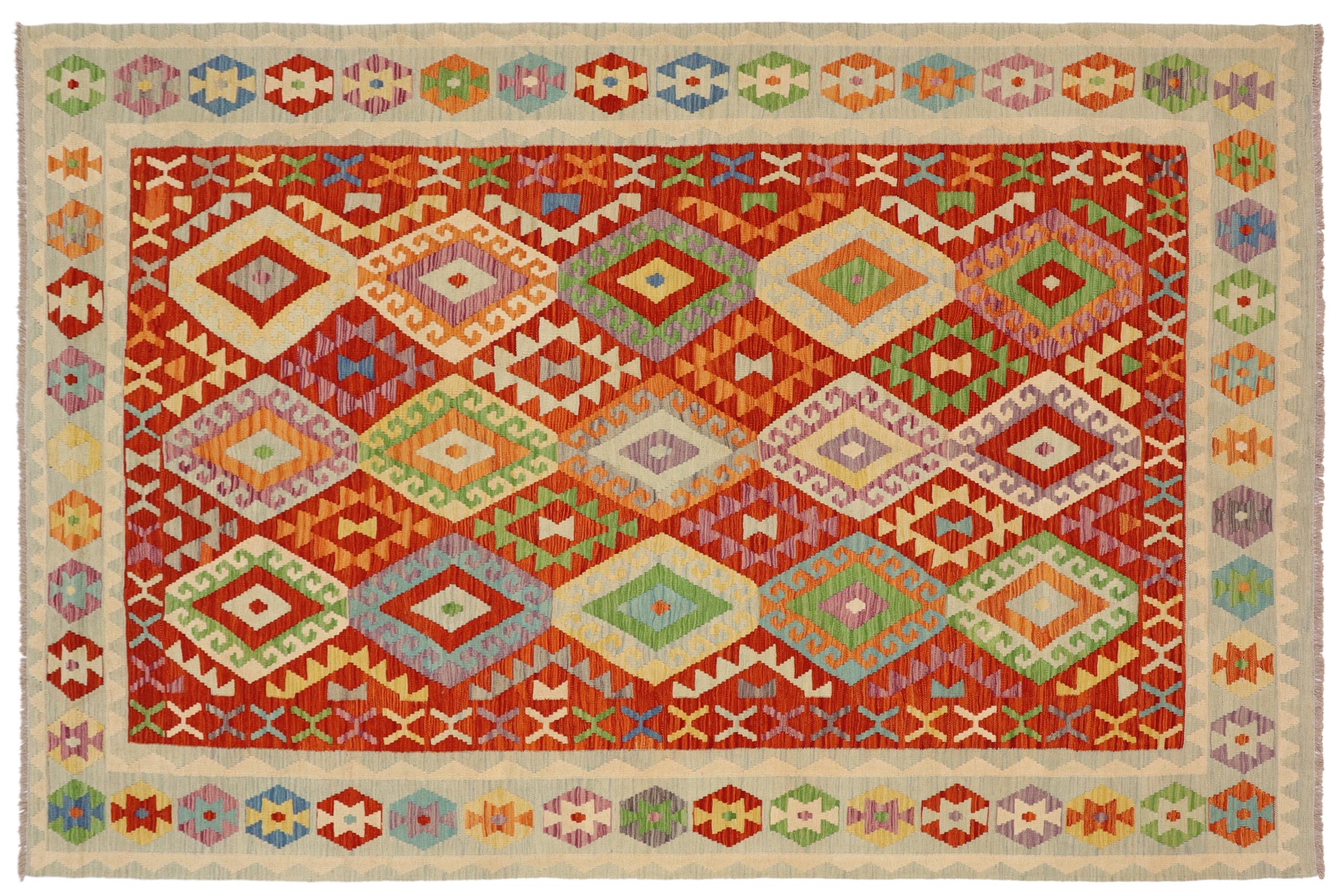handmade Geometric Kilim Rust Blue Hand-Woven RECTANGLE 100% WOOL area rug 7 x 10