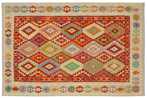 handmade Geometric Kilim Rust Blue Hand-Woven RECTANGLE 100% WOOL area rug 7 x 10