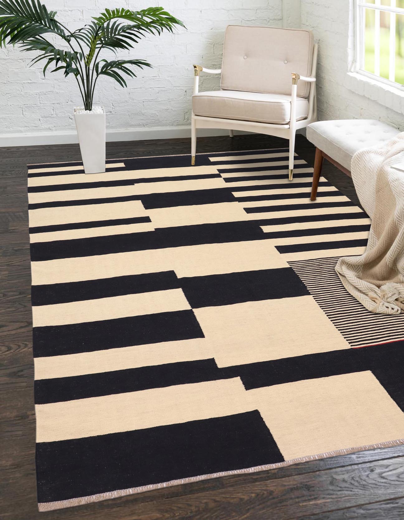 handmade Modern Kilim Beige Black Hand-Woven RECTANGLE 100% WOOL area rug 8 x 10