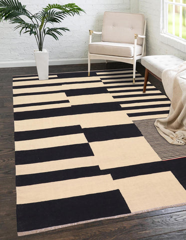handmade Modern Kilim Beige Black Hand-Woven RECTANGLE 100% WOOL area rug 8 x 10