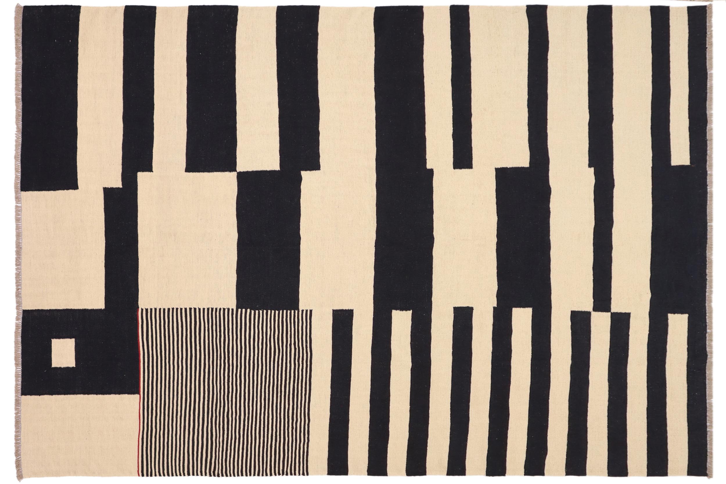 handmade Modern Kilim Beige Black Hand-Woven RECTANGLE 100% WOOL area rug 8 x 10