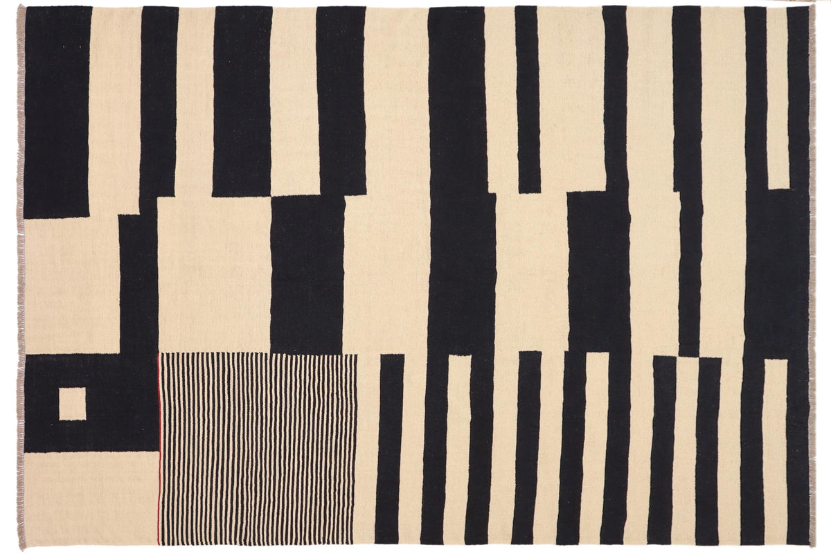 handmade Modern Kilim Beige Black Hand-Woven RECTANGLE 100% WOOL area rug 8 x 10