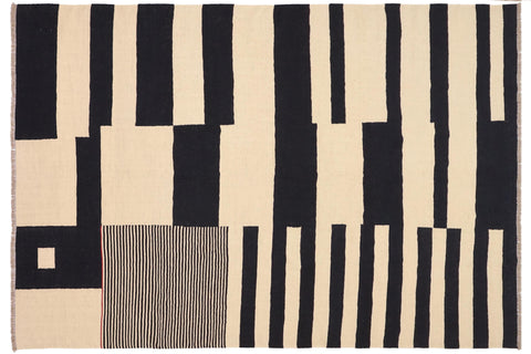 handmade Modern Kilim Beige Black Hand-Woven RECTANGLE 100% WOOL area rug 8 x 10