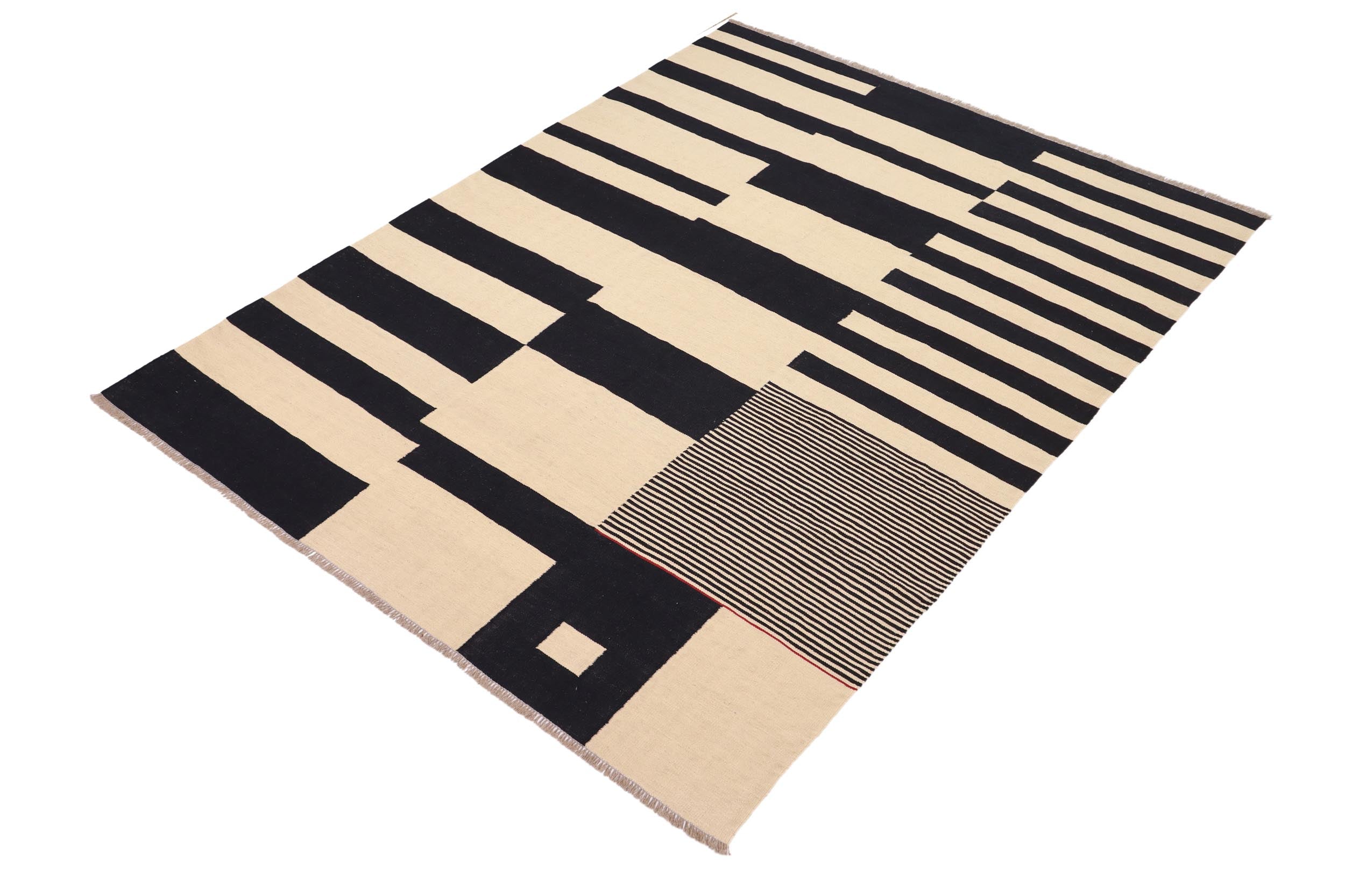 handmade Modern Kilim Beige Black Hand-Woven RECTANGLE 100% WOOL area rug 8 x 10