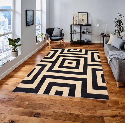 handmade Modern Kilim Beige Black Hand-Woven RECTANGLE 100% WOOL area rug 8 x 10