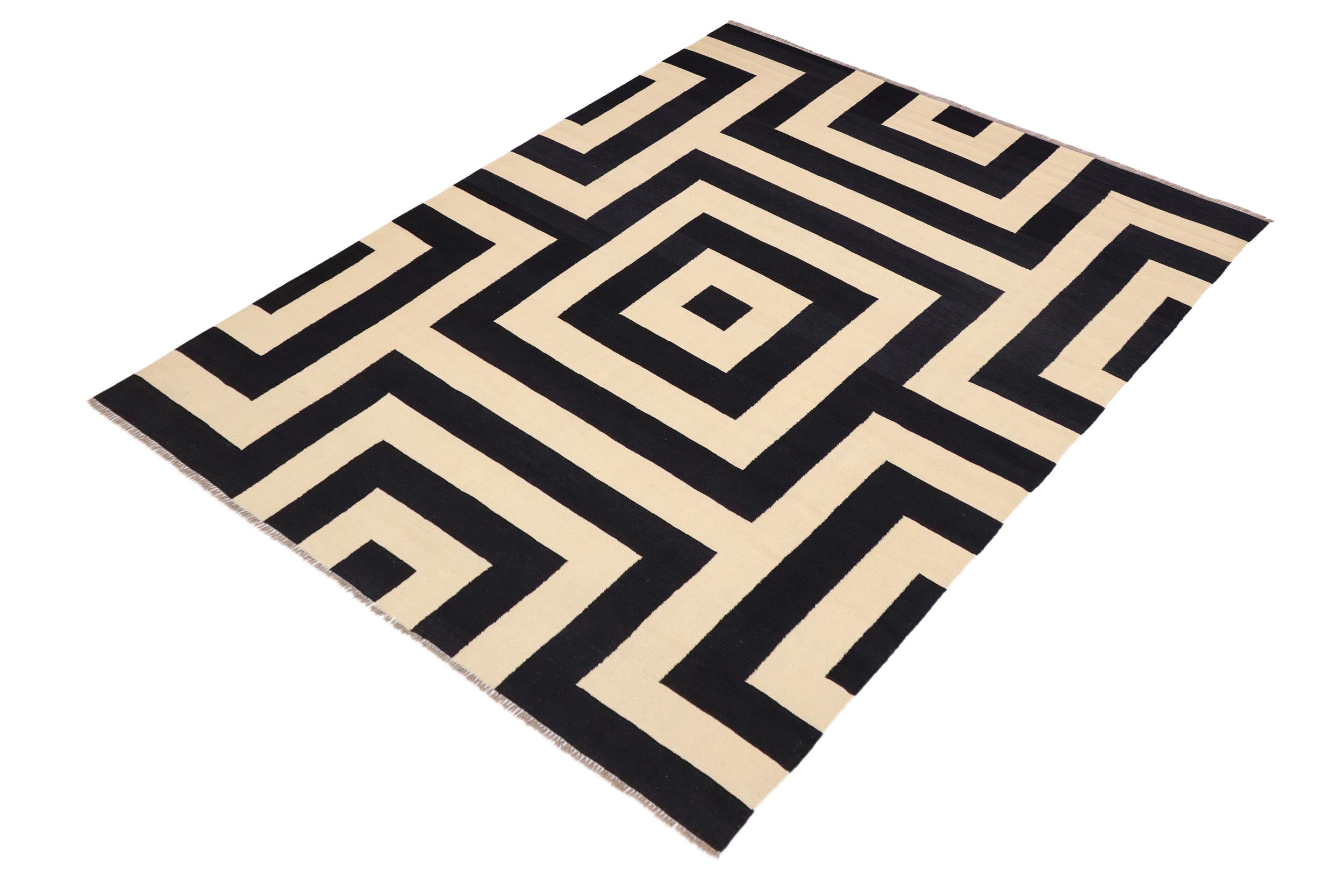 handmade Modern Kilim Beige Black Hand-Woven RECTANGLE 100% WOOL area rug 8 x 10