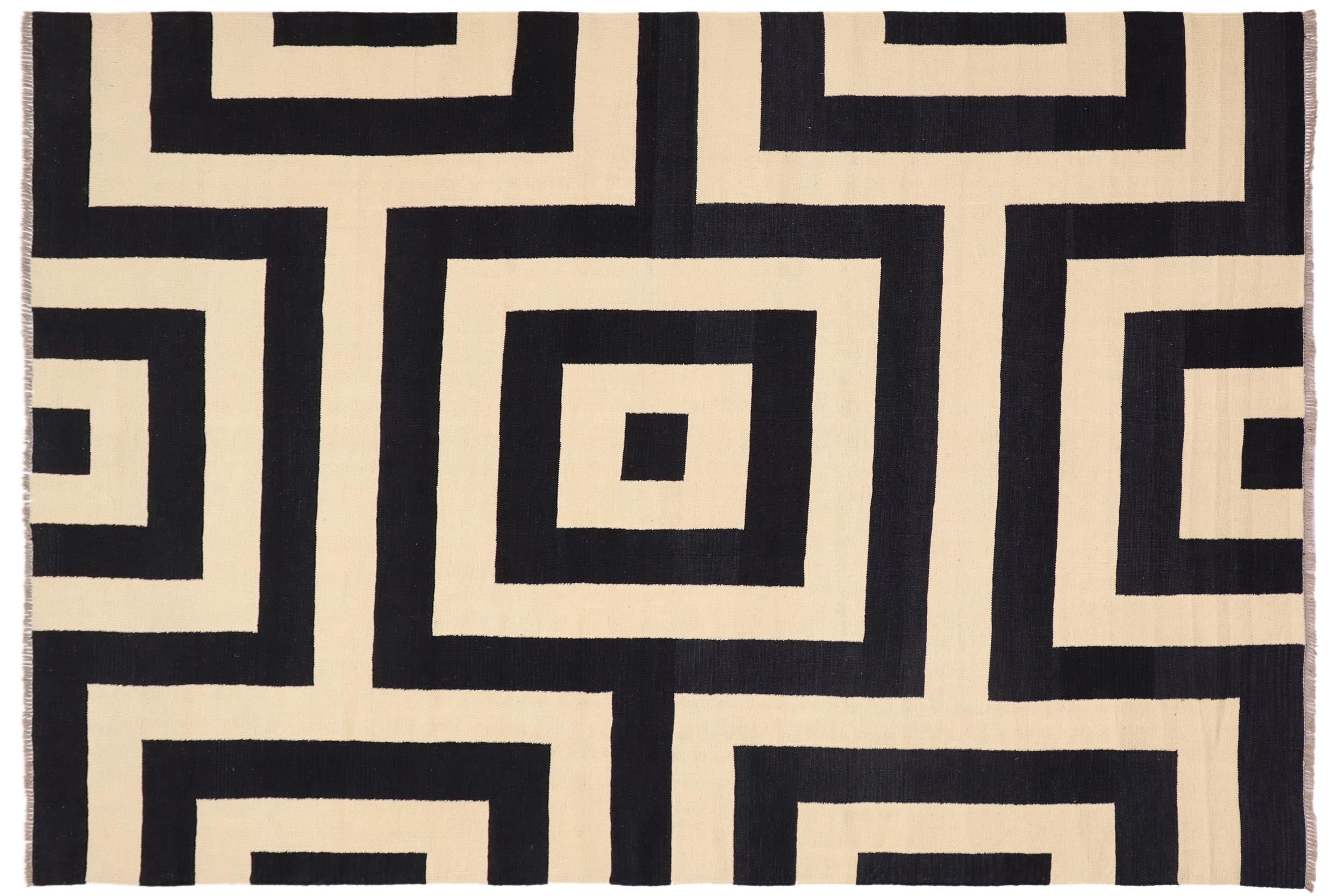 handmade Modern Kilim Beige Black Hand-Woven RECTANGLE 100% WOOL area rug 8 x 10