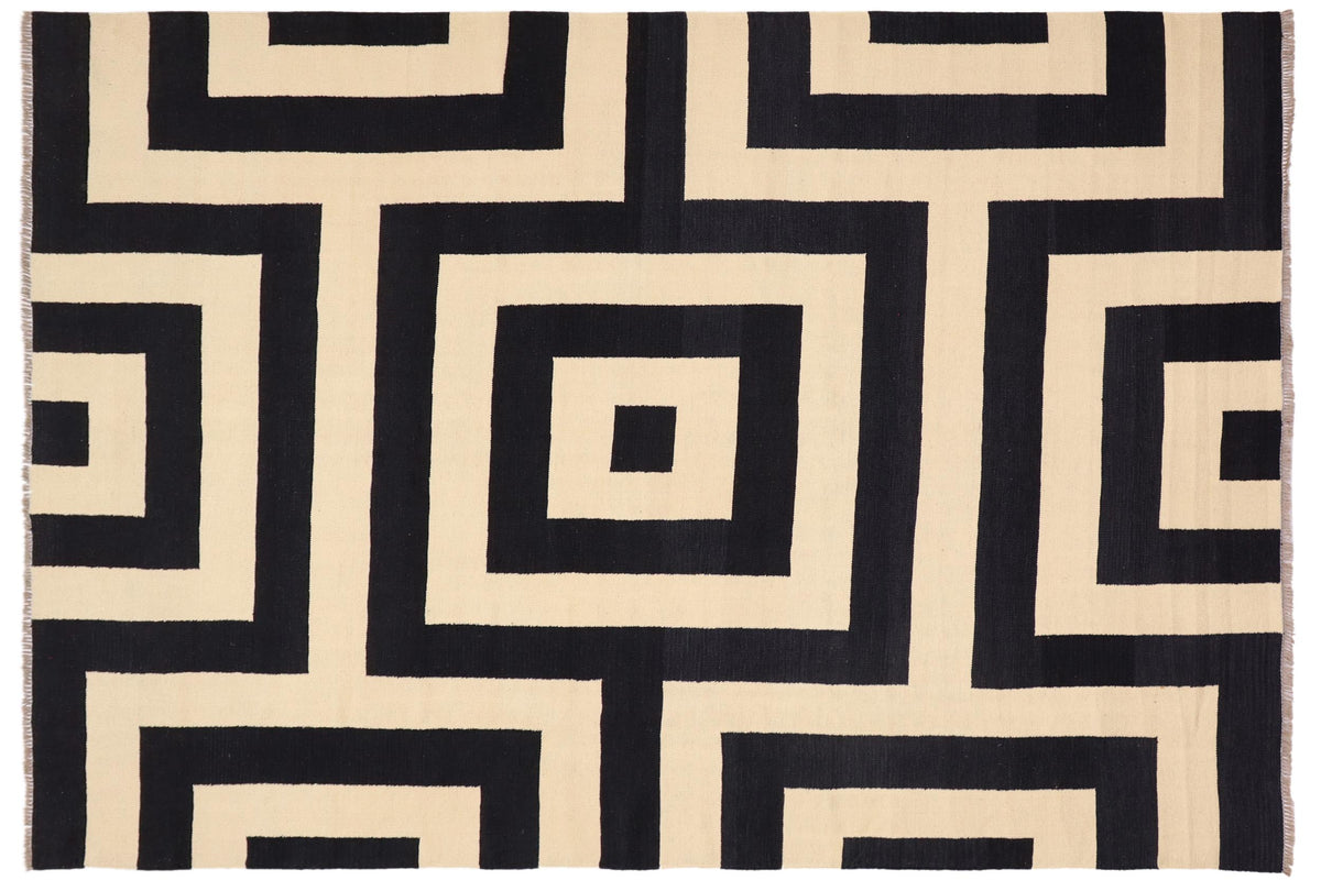 handmade Modern Kilim Beige Black Hand-Woven RECTANGLE 100% WOOL area rug 8 x 10