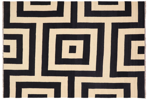 handmade Modern Kilim Beige Black Hand-Woven RECTANGLE 100% WOOL area rug 8 x 10