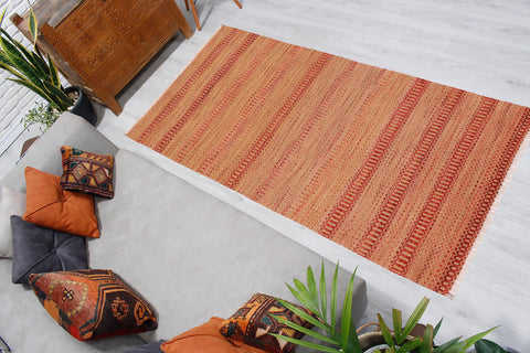 handmade Modern Kilim Red Beige Hand-Woven RUNNER 100% WOOL area rug 3 x 7