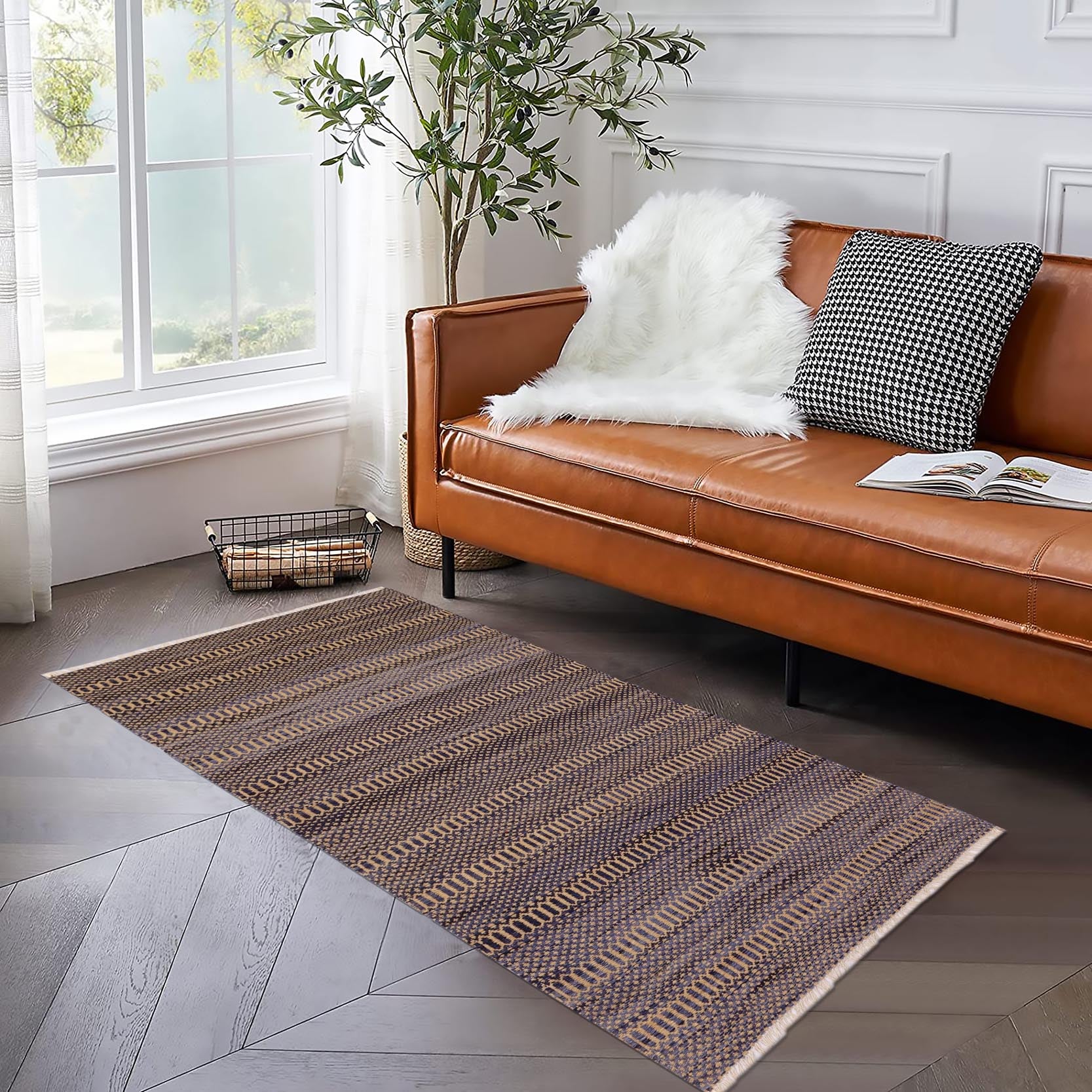 handmade Modern Kilim Blue Beige Hand-Woven RUNNER 100% WOOL area rug 3 x 7