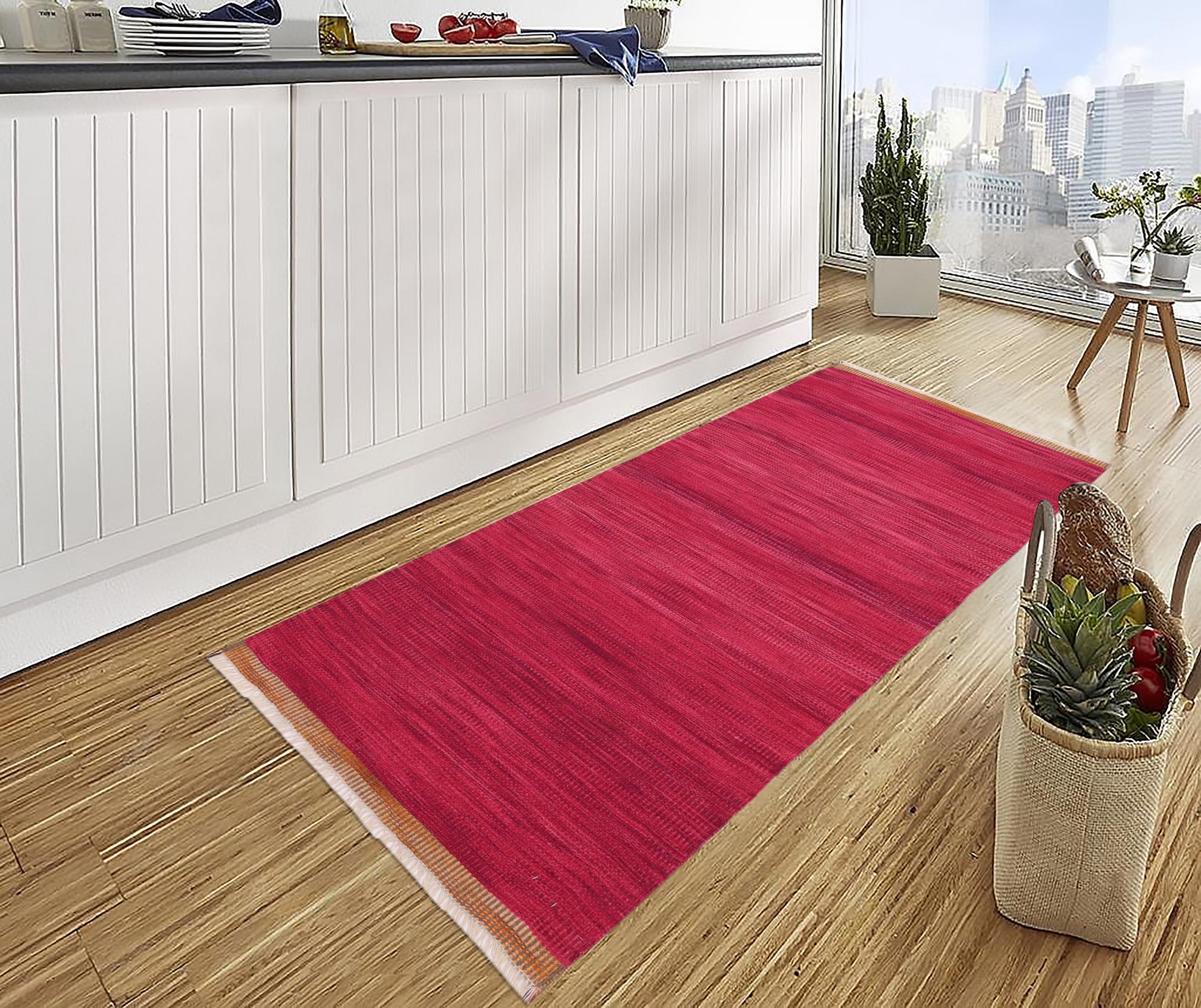 handmade Modern Kilim Pink Gray Hand-Woven RUNNER 100% WOOL area rug 4 x 7