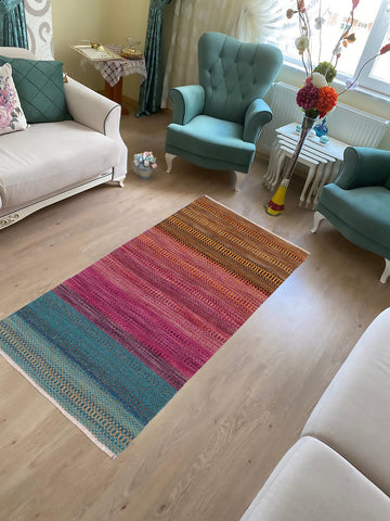 handmade Modern Kilim Blue Gray Hand-Woven RUNNER 100% WOOL area rug 3x7