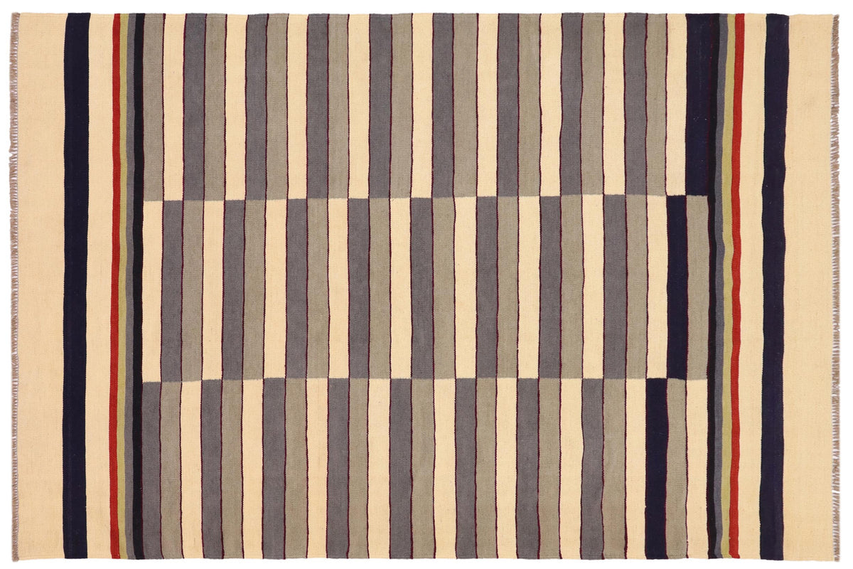 handmade Modern Kilim Gray Beige Hand-Woven RECTANGLE 100% WOOL area rug 6x8