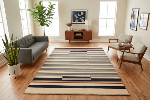 handmade Modern Kilim Gray Beige Hand-Woven RECTANGLE 100% WOOL area rug 6x8