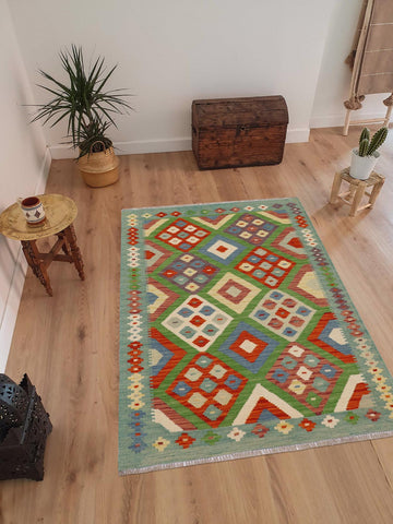 handmade Geometric Kilim Rust Blue Hand-Woven RECTANGLE 100% WOOL area rug 3 x 5