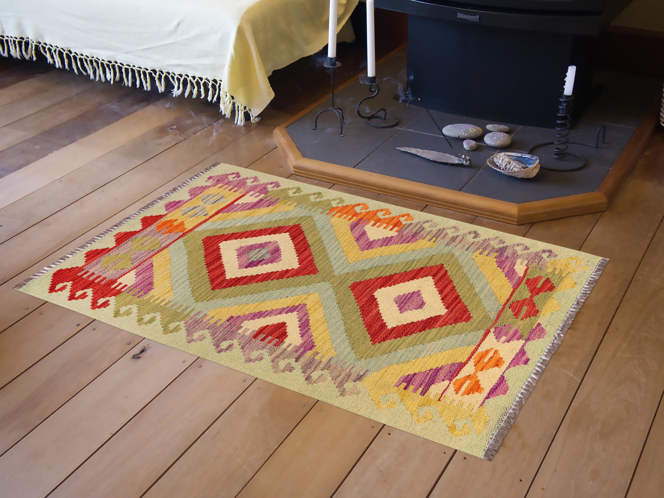 handmade Geometric Kilim Blue Red Hand-Woven RECTANGLE 100% WOOL area rug 2' x 3'