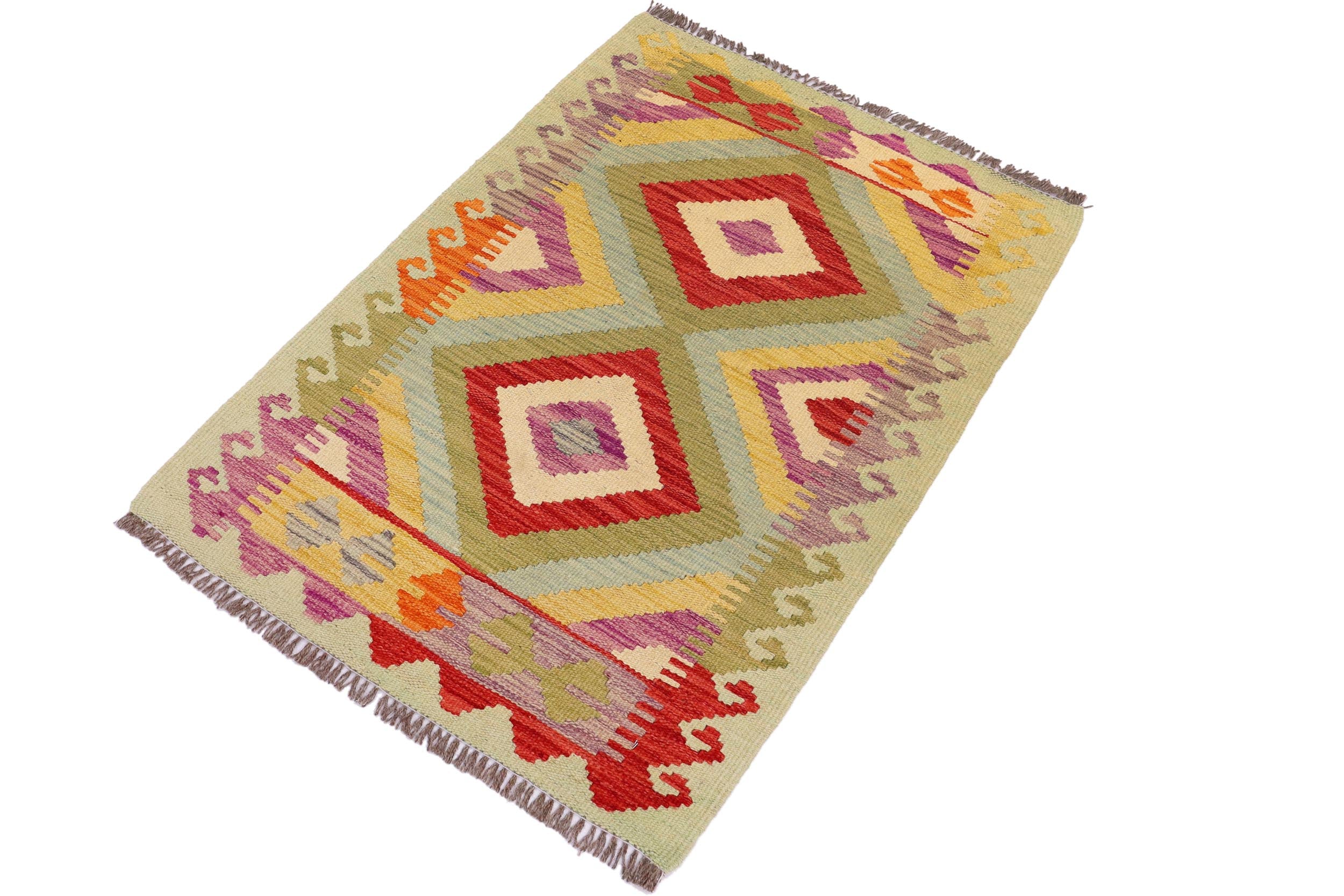 handmade Geometric Kilim Blue Red Hand-Woven RECTANGLE 100% WOOL area rug 2' x 3'