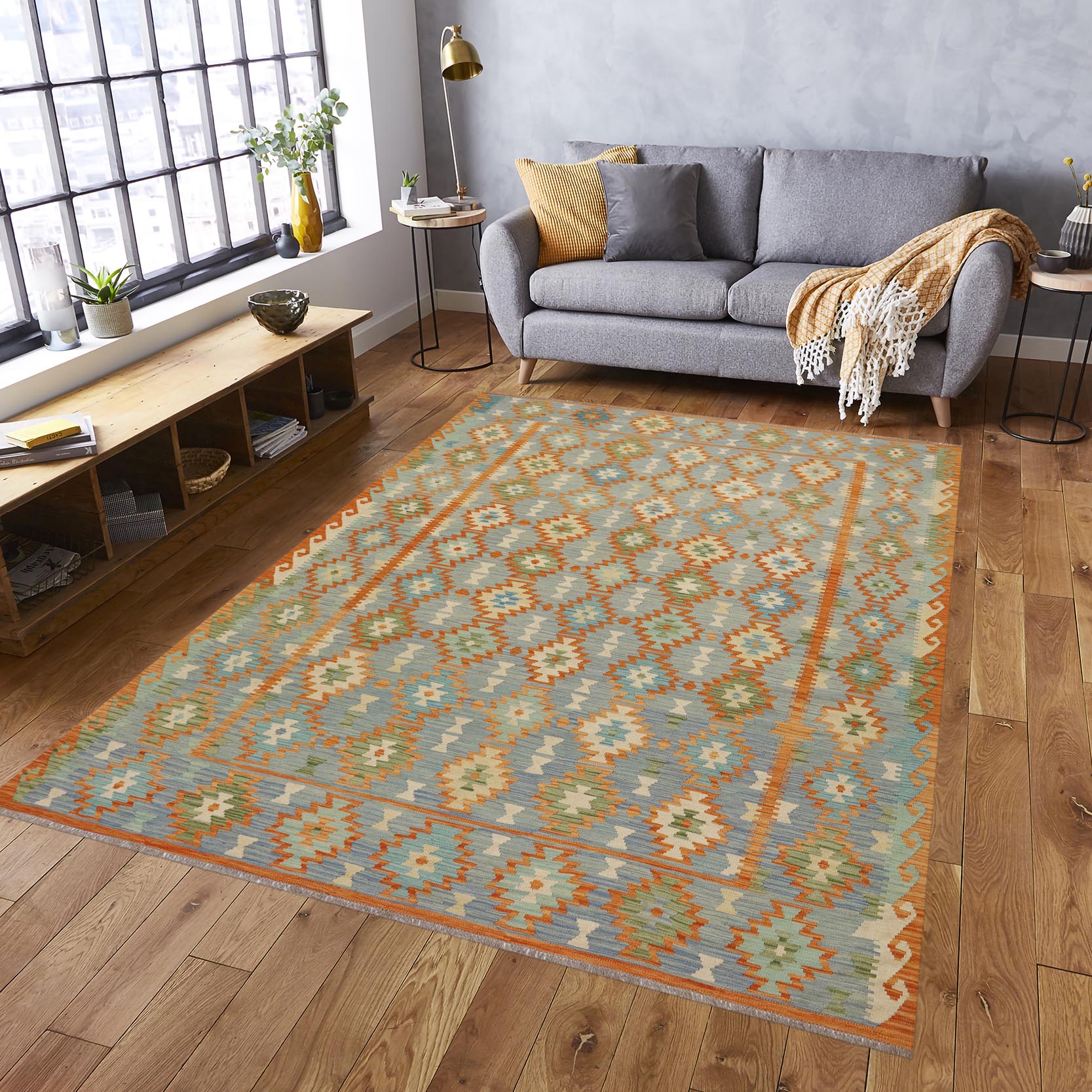 handmade Geometric Kilim Blue Rust Hand-Woven RECTANGLE 100% WOOL area rug 8 x 11
