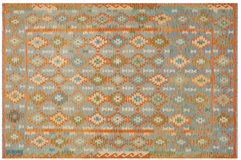handmade Geometric Kilim Blue Rust Hand-Woven RECTANGLE 100% WOOL area rug 8 x 11