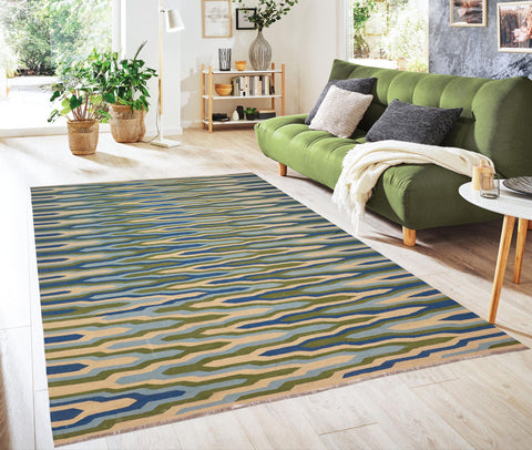 handmade Modern Kilim Blue Beige Hand-Woven RECTANGLE 100% WOOL area rug 9x12