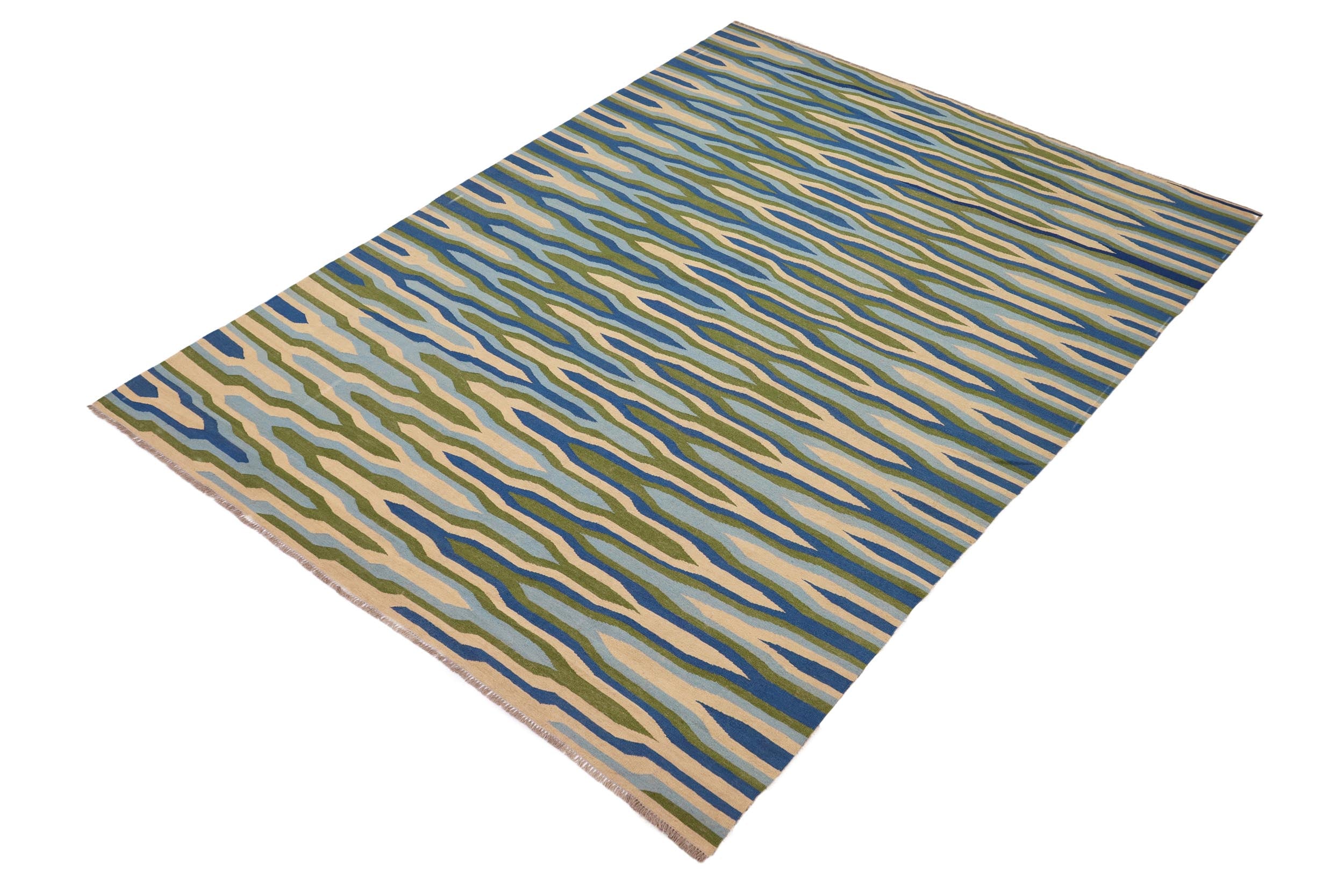handmade Modern Kilim Blue Beige Hand-Woven RECTANGLE 100% WOOL area rug 9x12