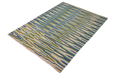 handmade Modern Kilim Blue Beige Hand-Woven RECTANGLE 100% WOOL area rug 9x12