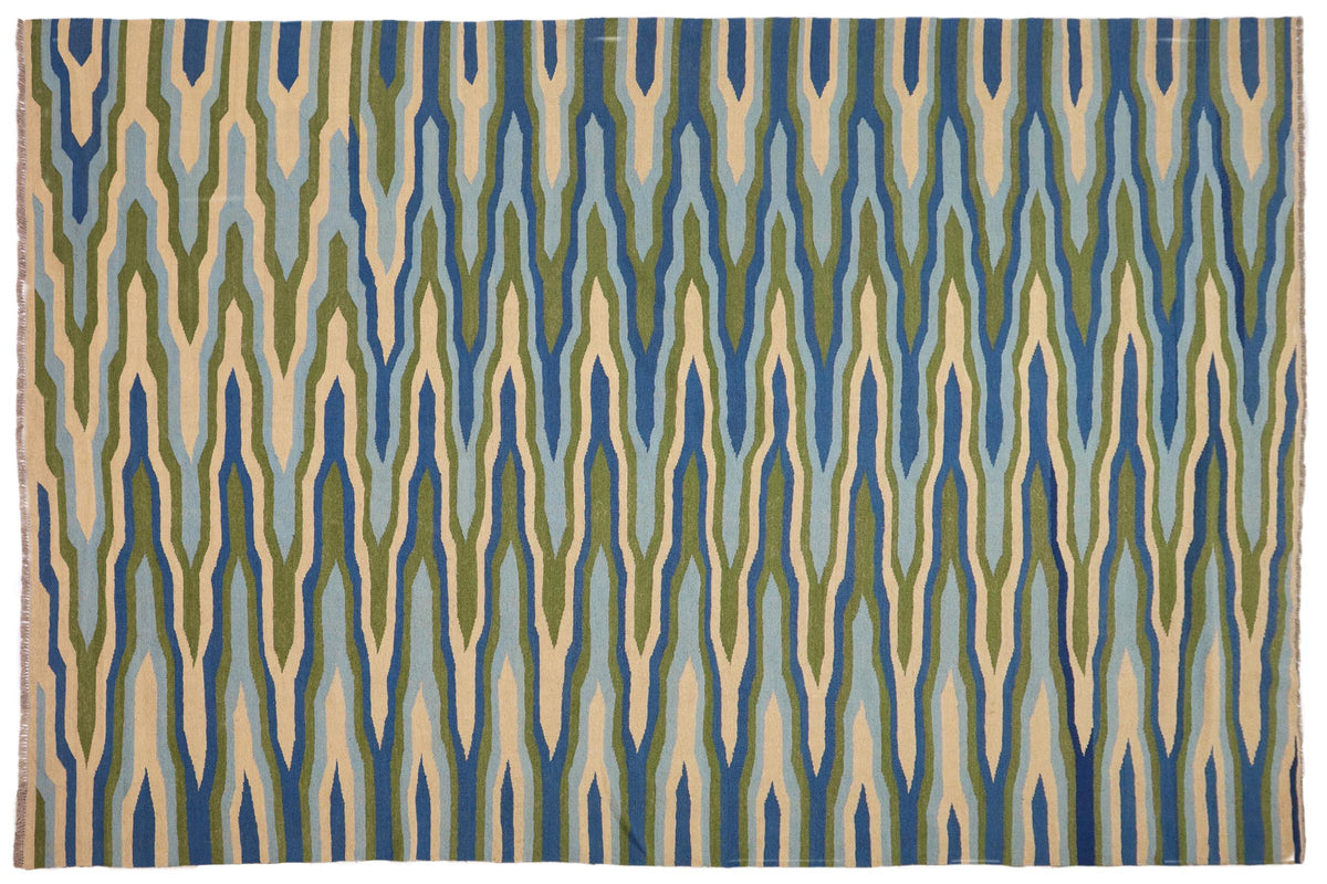 handmade Modern Kilim Blue Beige Hand-Woven RECTANGLE 100% WOOL area rug 9x12