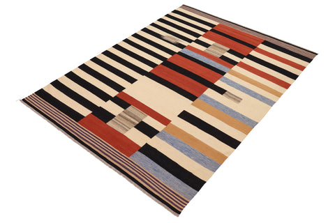 handmade Modern Kilim Rust Blue Hand-Woven RECTANGLE 100% WOOL area rug 3x6
