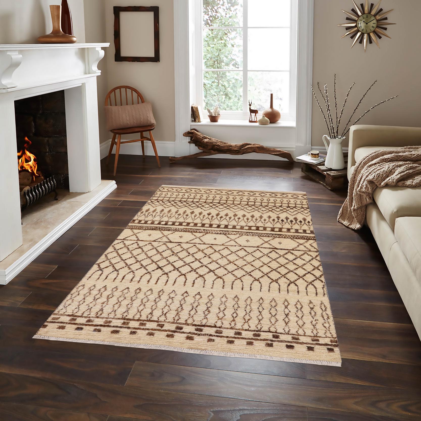 handmade Geometric Moroccan Beige Brown Hand Knotted RECTANGLE 100% WOOL area rug 5' x 8'