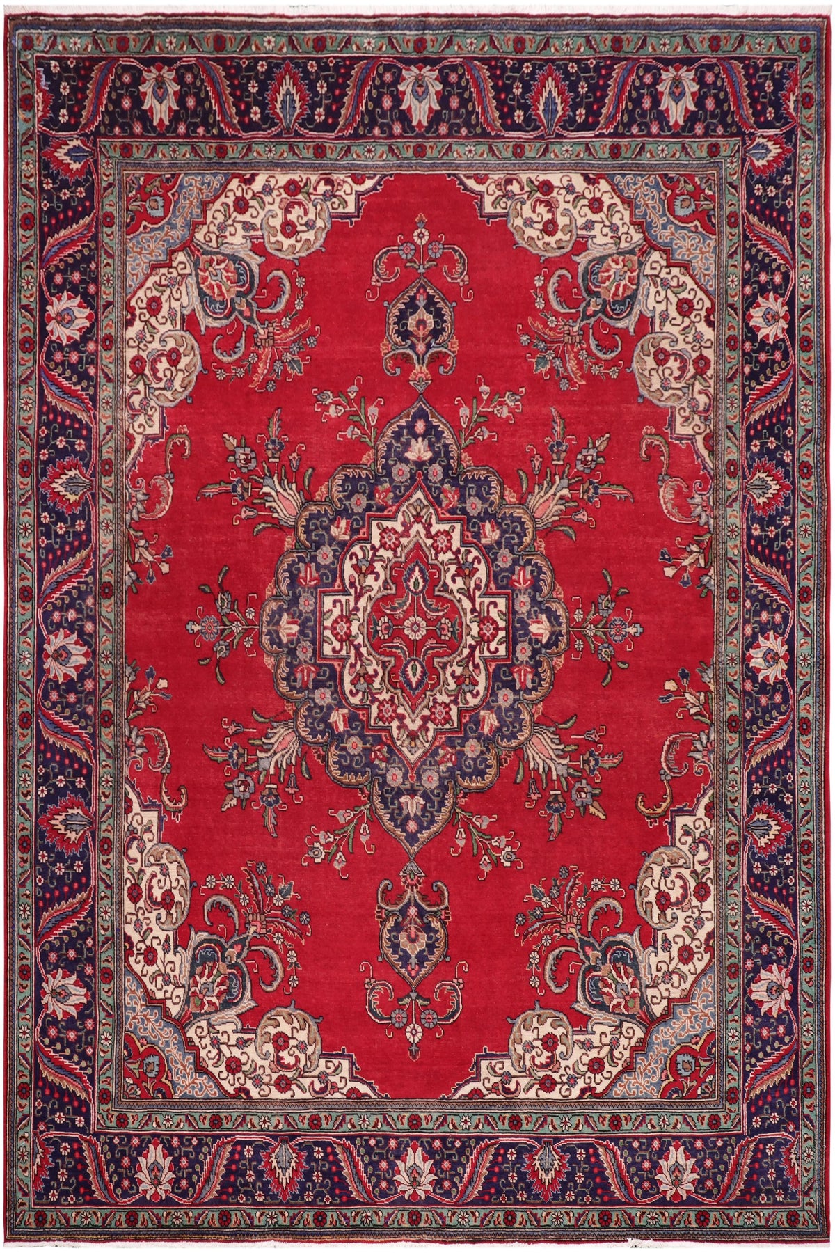 Distressed Antique Tabriz Robert Red/Blue Wool Rug - 9'10''X12'7''