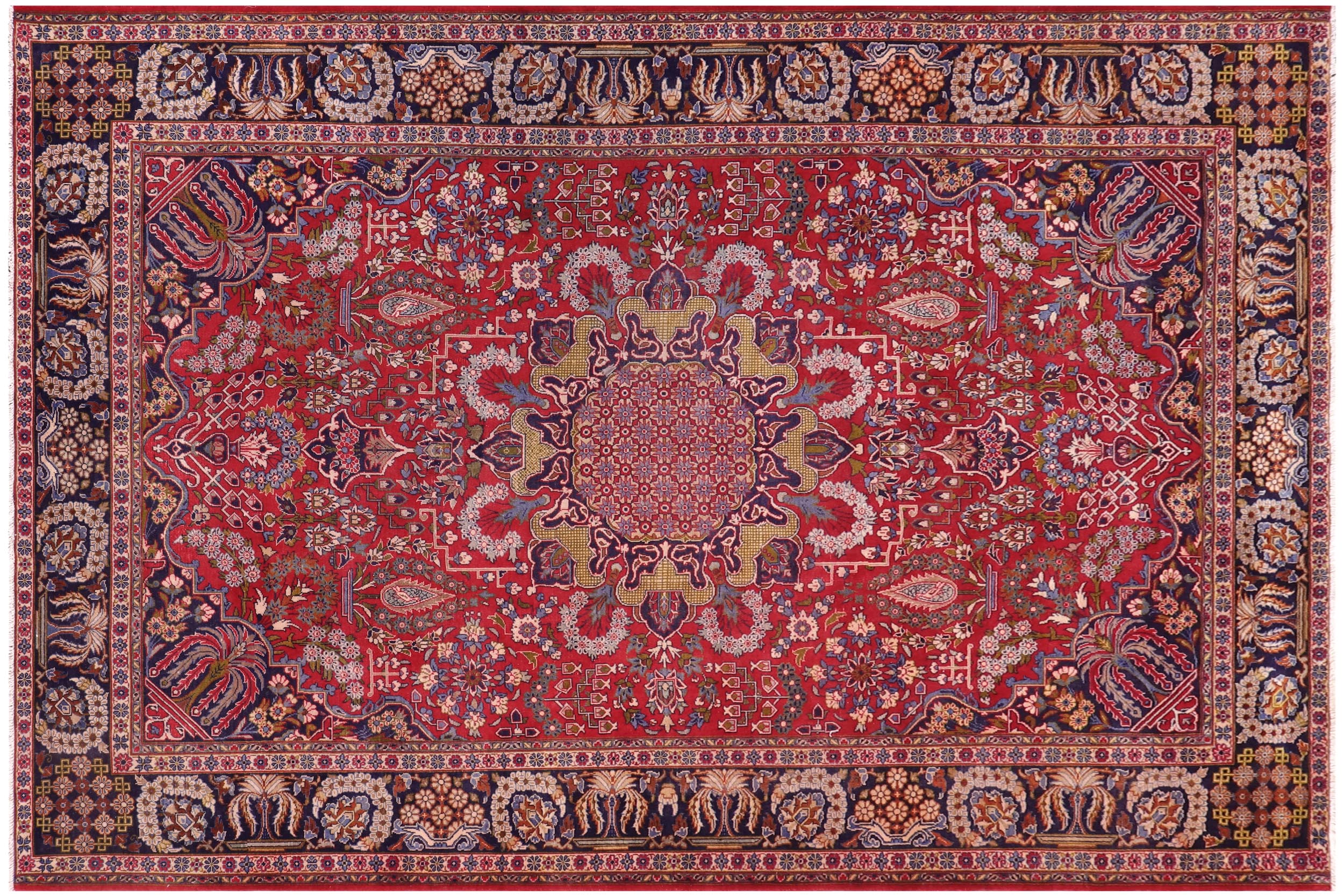 handmade Vintage Tabriz Red Blue Hand Knotted RECTANGLE 100% WOOL area rug 9' x 12'