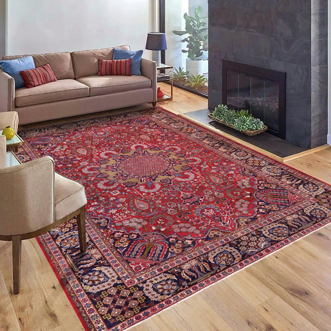 handmade Vintage Tabriz Red Blue Hand Knotted RECTANGLE 100% WOOL area rug 9' x 12'