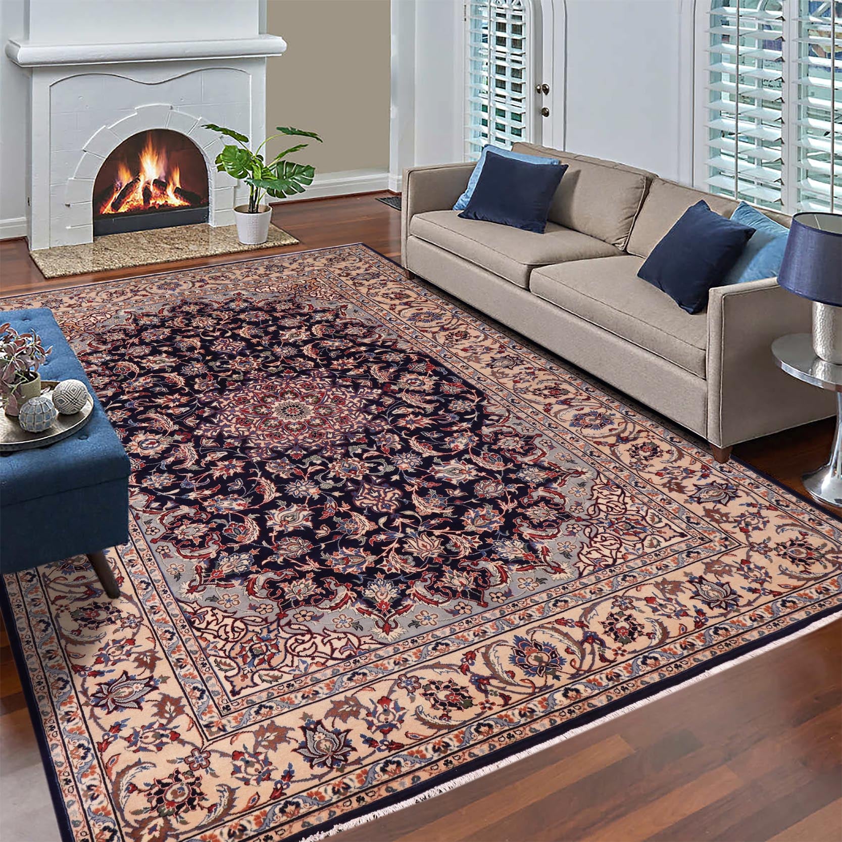 handmade Traditional Kashan Blue Beige Hand Knotted RECTANGLE 100% WOOL area rug 8 x 13