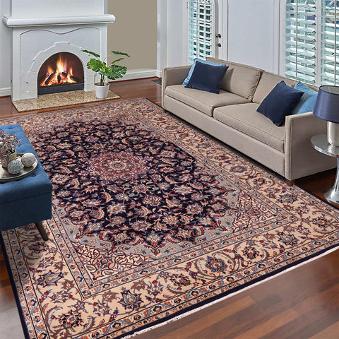 handmade Traditional Kashan Blue Beige Hand Knotted RECTANGLE 100% WOOL area rug 8 x 13