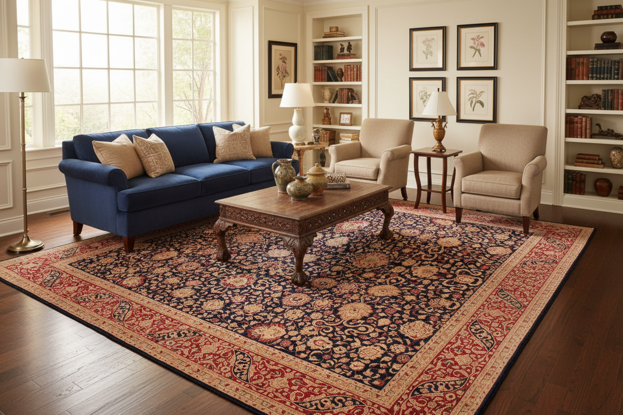 handmade Transitional Kashan Blue Red Hand Knotted RECTANGLE 100% WOOL area rug 9 x 12