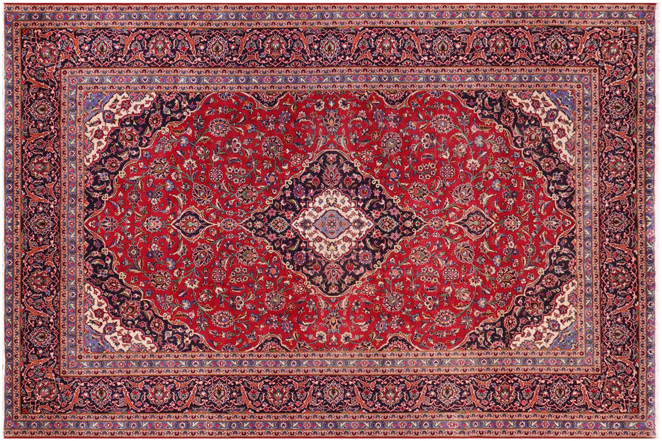 handmade Vintage Kashan Red Blue Hand Knotted RECTANGLE 100% WOOL area rug 10' x 13'