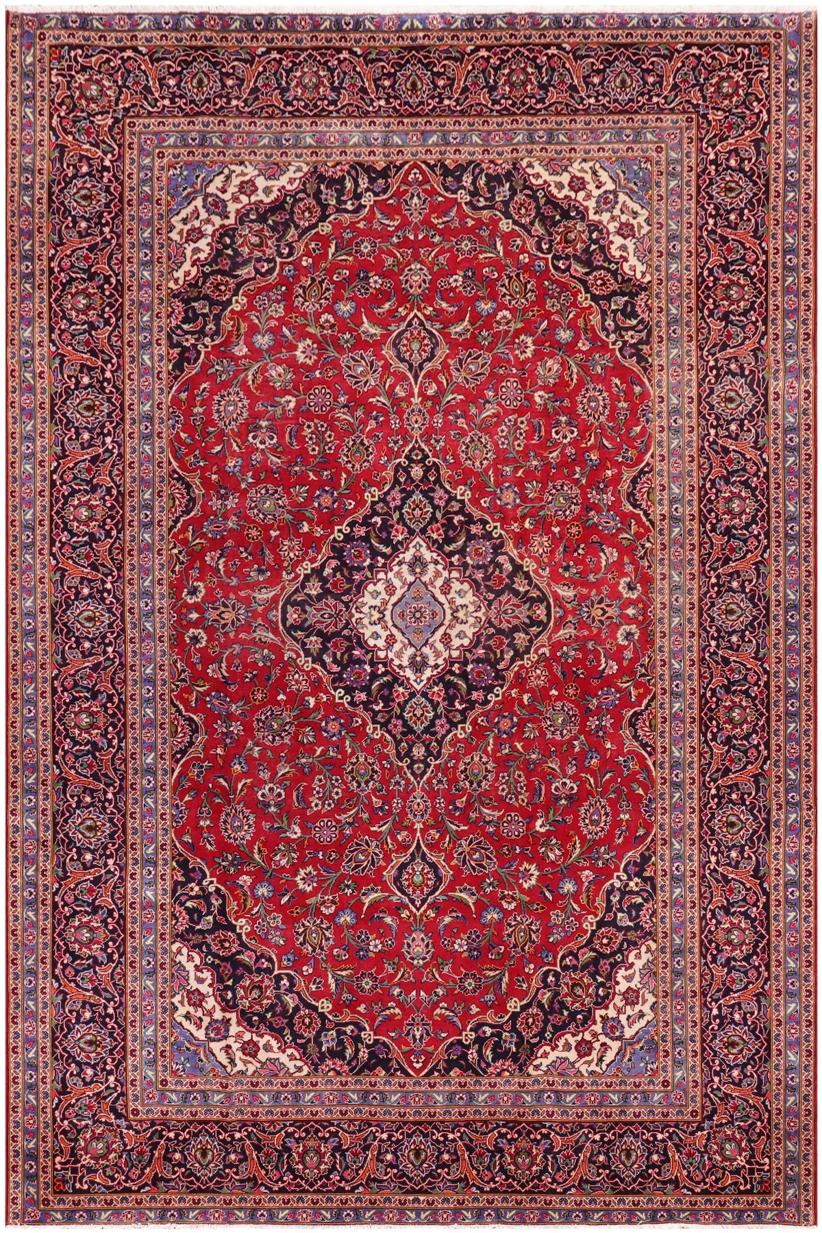 Distressed Antique Kashan Yandel Red/Blue Wool Rug - 9'9''X12'9''