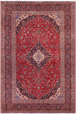 Distressed Antique Kashan Yandel Red/Blue Wool Rug - 9'9''X12'9''