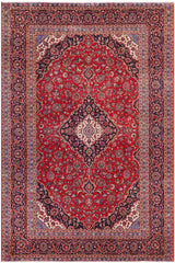 Distressed Antique Kashan Yandel Red/Blue Wool Rug - 9'9''X12'9''