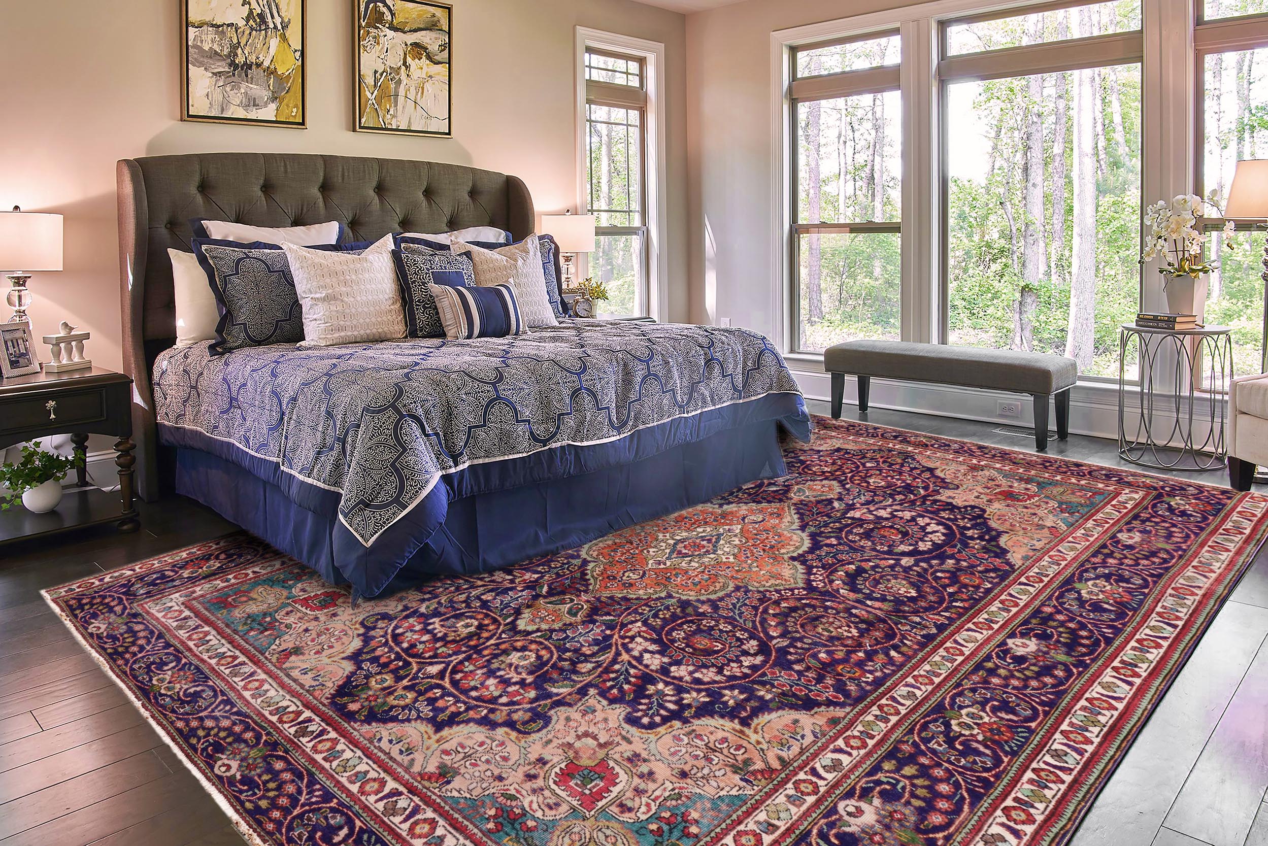 handmade Vintage Kashan Blue Beige Hand Knotted RECTANGLE 100% WOOL area rug 8' x 11'