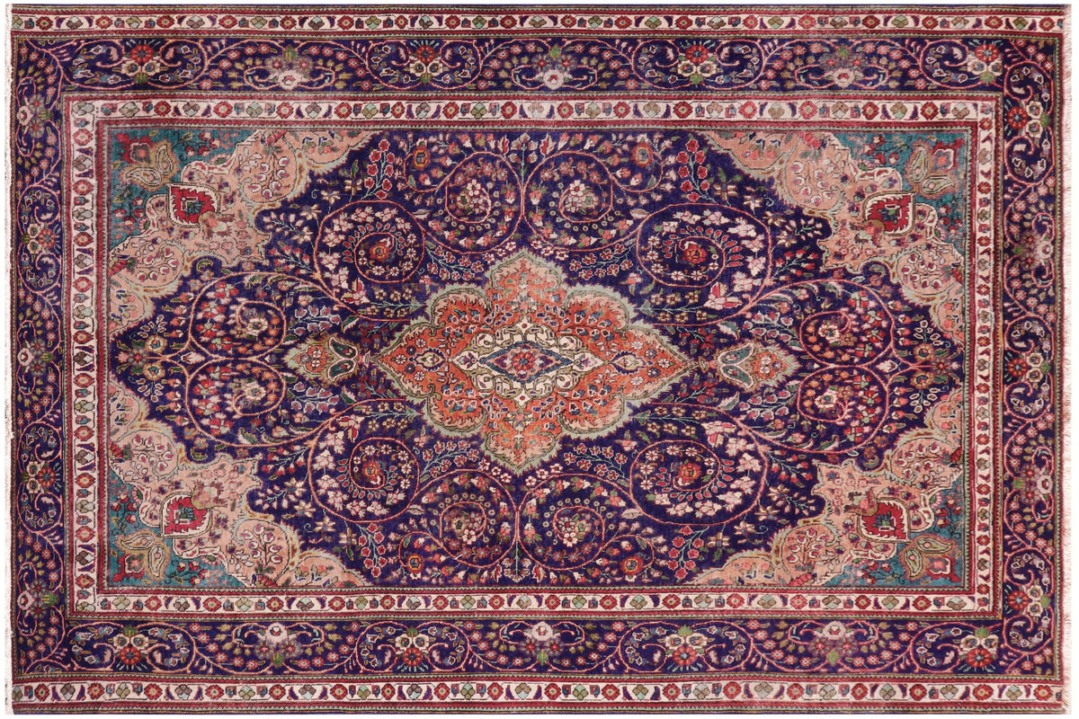 handmade Vintage Kashan Blue Beige Hand Knotted RECTANGLE 100% WOOL area rug 8' x 11'